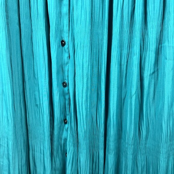 Chicos 2 Midi Dress 12 Teal Green Crinkle Pleated 3/4 Sleeve Button Up Tie Waist - Picture 13 of 16